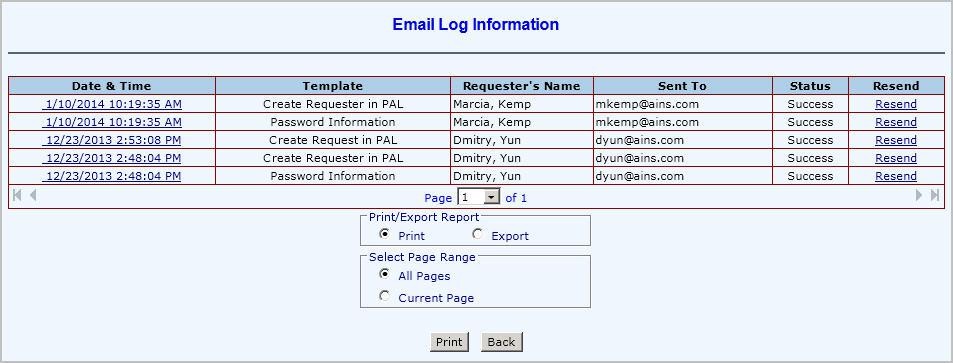 Email log displaying request details, including dates, names, and statuses of emails sent.